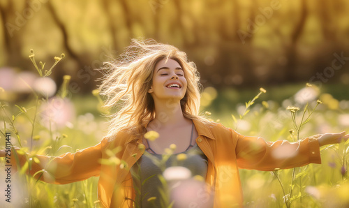 Healthy happy woman on spring outdoors. Smiling young woman on the spring garden enjoy blooming flowers of tree. Enjoy Nature. No allergy.