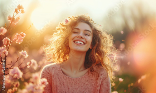 Healthy happy woman on spring outdoors. Smiling young woman on the spring garden enjoy blooming flowers of tree. Enjoy Nature. No allergy. photo