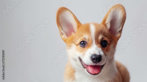 A portrait of a cute puppy corgi, a little smiling dog on a white background, showcasing playful pet close-up and offering free space for text,
