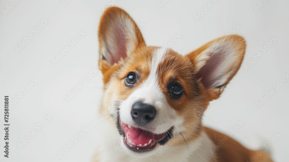 A portrait of a cute puppy corgi, a little smiling dog on a white background, showcasing playful pet close-up and offering free space for text,