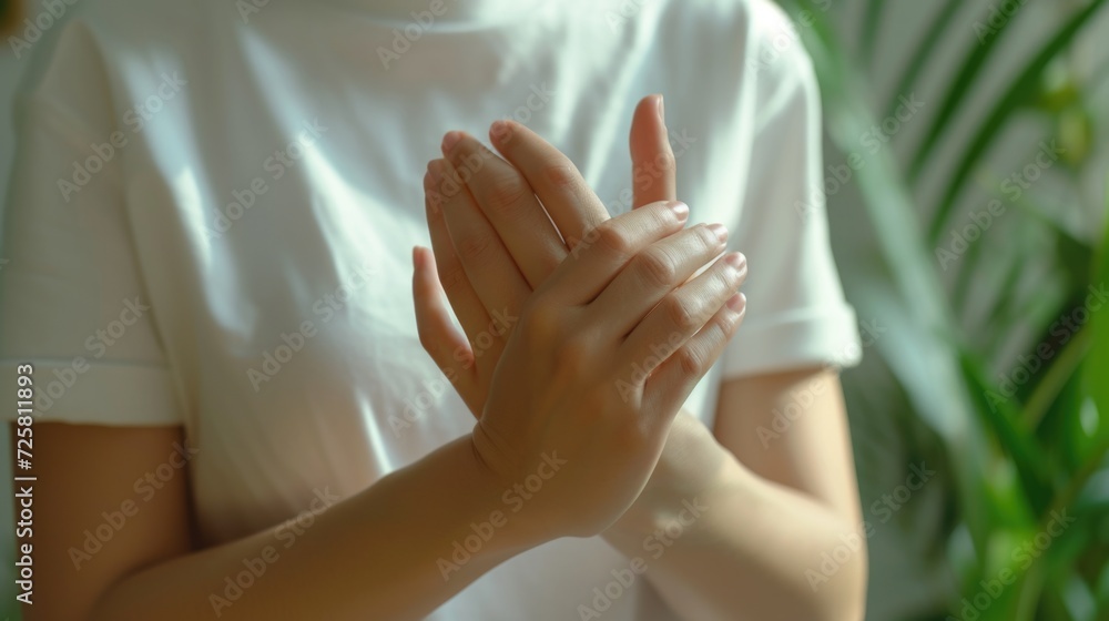 A woman wearing a white shirt holds her hands together. This versatile image can be used to represent unity, teamwork, prayer, meditation, or contemplation A woman wearing a white shirt holds her hands together. This versatile image can be used to represent unity, teamwork, prayer, meditation, or contemplation