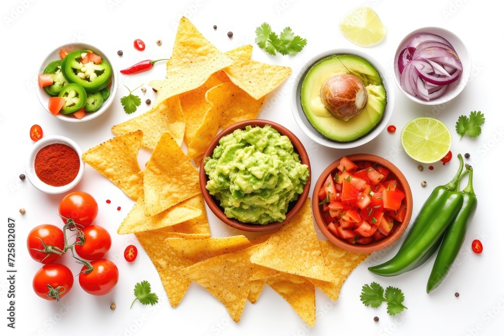Isolated white background with nachos guacamole and ingredients