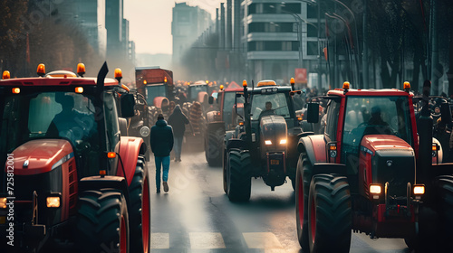 a blockade and demonstration of peasants or farmers who are protesting with their tractors on a street in city, photo