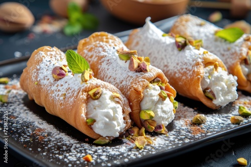 Italian cannoli dessert with pistachios and ricotta cheese