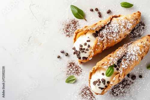 Italian cannoli siciliani dessert on a light background top view with space for text photo