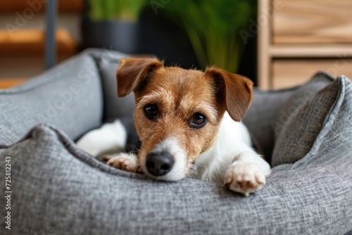 Jack Russell terrier resting in a pet bed gazing at the camera Sustainable pet products and shop Affection and wellness for animals vet care