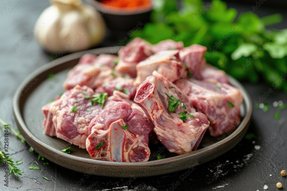 Selective focus on a plate with kurdyuk a raw lamb fat tail