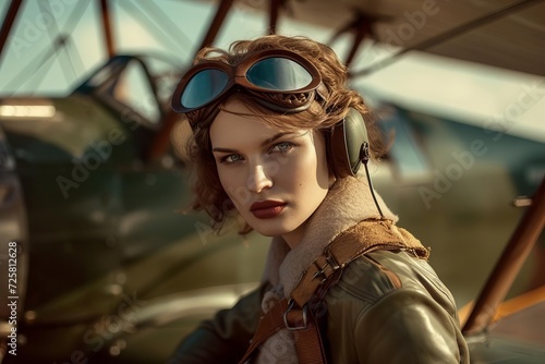 Vintage aviation model posing with classic aircraft Evoking the golden era of flight and timeless adventure
