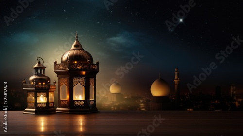 Ramadan Kareem celebration background illustration with arabic lanterns and moon