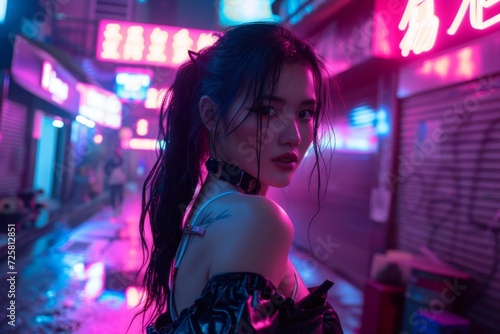 Cyberpunk model in a neon-lit futuristic city Representing a blend of high-tech and edgy street fashion