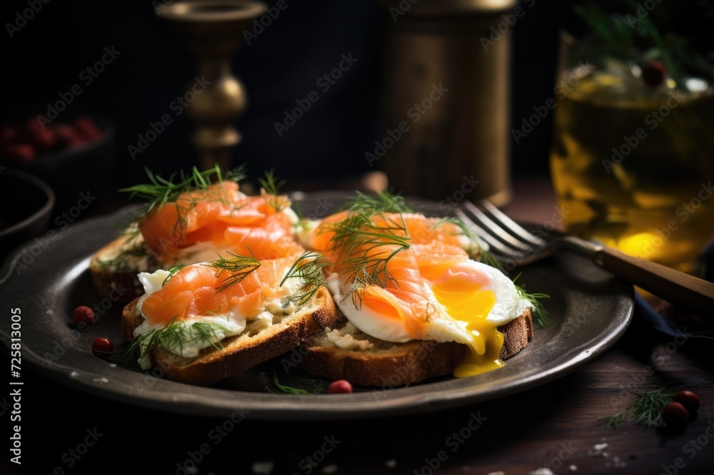 Two slices of toasted bread topped with smoked salmon and poached eggs, garnished with capers, black pepper, and fresh dill, presented on a dark brown, round plate against a dark background. Two slices of toasted bread topped with smoked salmon and poached eggs, garnished with capers, black pepper, and fresh dill, presented on a dark brown, round plate against a dark background.