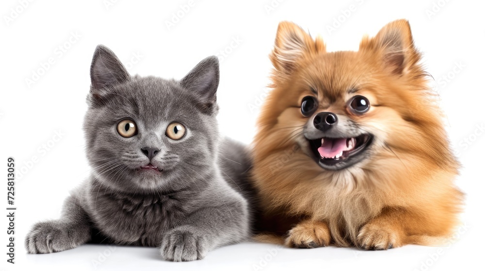 A funny gray kitten and smiling dog on a white background, showcasing a delightful and entertaining scene of pet companionship between a lovely fluffy cat and a Pomeranian Spitz puppy