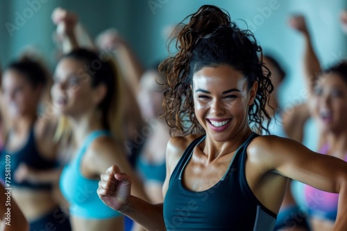 Fitness model in a high-energy group exercise class Promoting teamwork and community in fitness