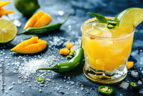 Spicy margarita with tequila mango juice jalapeno lime salt blue background copy space photo