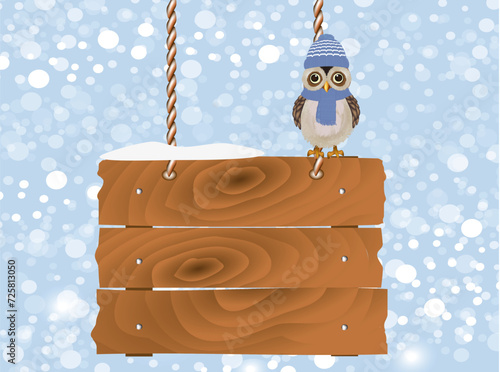 Owl on wooden sign. vector