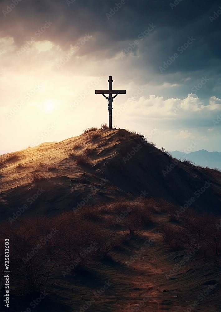 Good Friday concept Christian cross on a hill surrounded by thorns and shadows on sky background
