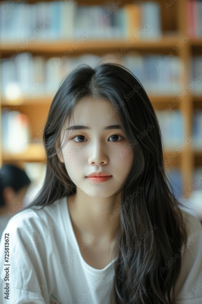 A woman with long hair sitting in front of a bookshelf. Perfect for educational or library-themed projects A woman with long hair sitting in front of a bookshelf. Perfect for educational or library-themed projects