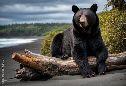 Un ours brun sur un tronc d'arbre sur une plage de sable noire - generative AI