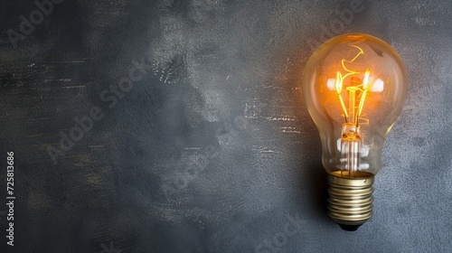 A glowing filament light bulb against a dark textured background, symbolizing ideas and innovation, with copy space 