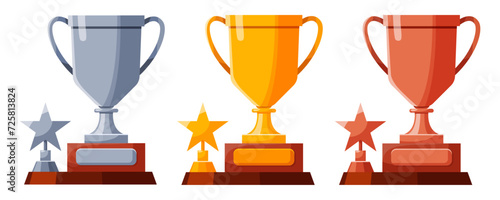 Set of cups with stars. Winners cups, awards. Champions trophy, winning goblets. Prize reward icons. Shiny champion's cups for championships. Symbols of victory in a sporting event, competition