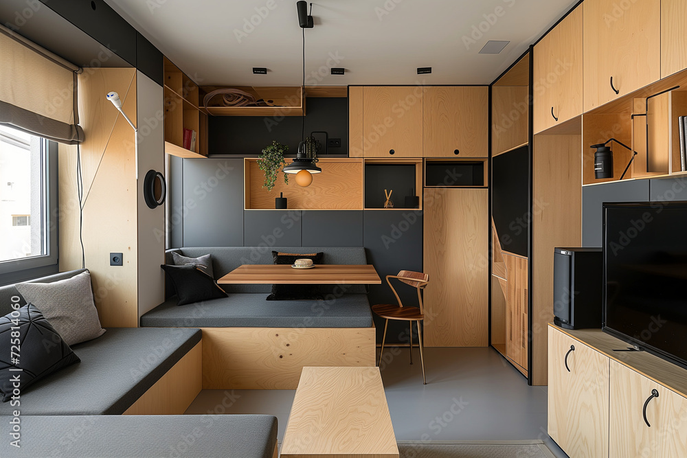 A compact urban apartment with multi-functional, space-saving furniture, showcasing smart living solutions for small spaces A compact urban apartment with multi-functional, space-saving furniture, showcasing smart living solutions for small spaces