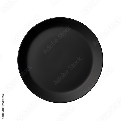 Photo of black empty plate from above. Suitable for creating a composition demonstrating a restaurant dish. Without background
