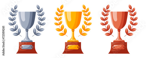 Set of cups with wreaths. Winners cups, awards. Champions trophy, winning goblets. Prize reward icons. Shiny champion's cups for championships. Symbols of victory in a sporting event, competition