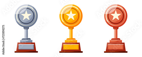 Set of round cups with stars. Winners cups, awards. Champions trophy, winning goblets. Prize reward icons. Shiny champion's cups for championships. Symbols of victory in a sporting event, competition
