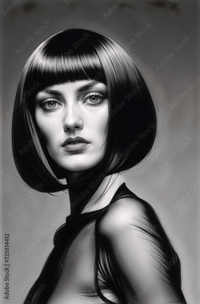 Fototapeta Sharp Lines, Chic Embrace: Geometry Meets Sleekness, Hair Sculpted in Precision, Confidence Radiates in Every Angle.