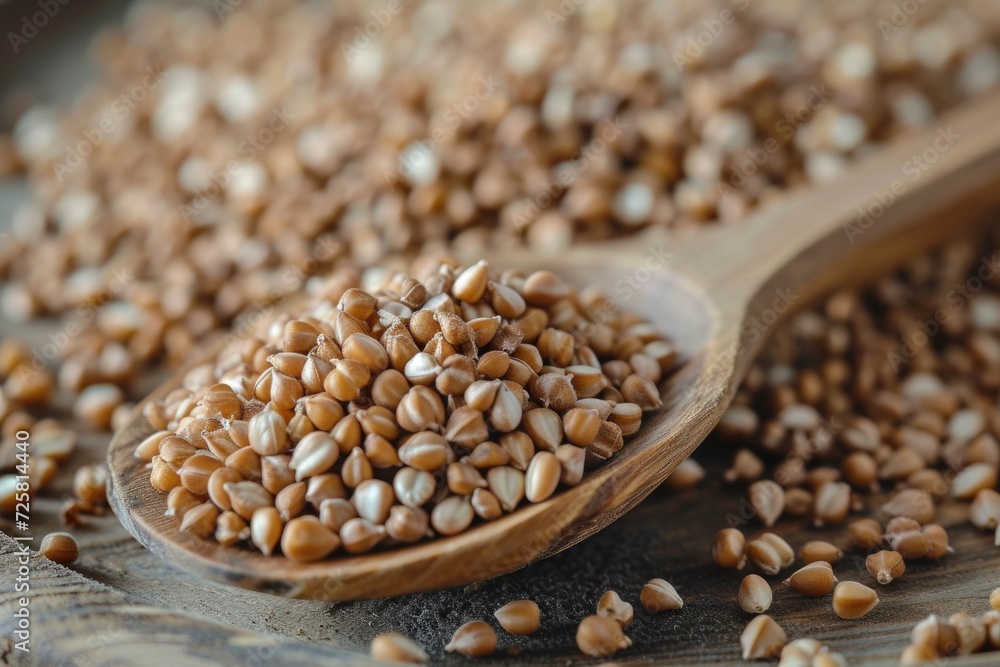A wooden spoon filled with grains on top of a table. Suitable for cooking and food-related themes A wooden spoon filled with grains on top of a table. Suitable for cooking and food-related themes