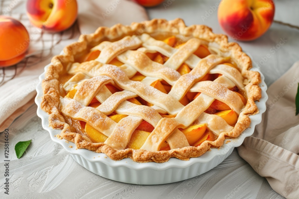 Tasty peach pie on bright surface Tasty peach pie on bright surface