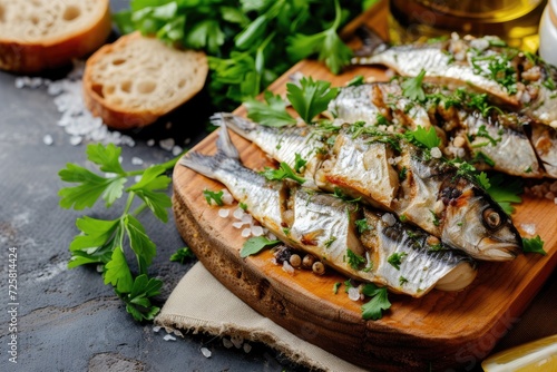 Tasty marinated herring with oil salt bread and coriander
