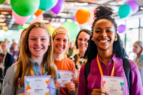 A group of young women smiling and holding certificates, surrounded by colorful balloons at a cheerful event.
