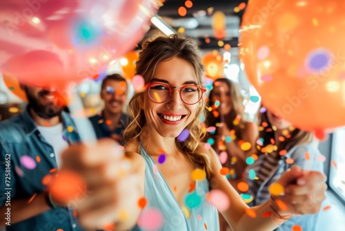 Joyful woman with glasses holding balloons at a party surrounded by friends and flying confetti.