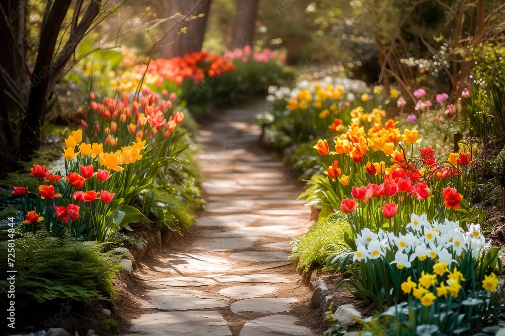 A serene garden pathway lined with vibrant tulips and daffodils basking in the warm spring sunlight.