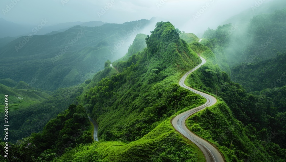 Misty mountain road winding through lush greenery