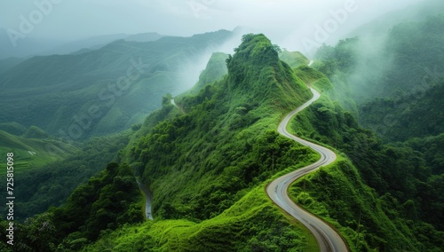 Misty mountain road winding through lush greenery