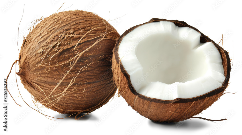 Coconut isolated on transparent. Coconut half with slice and piece Coconut isolated on transparent. Coconut half with slice and piece