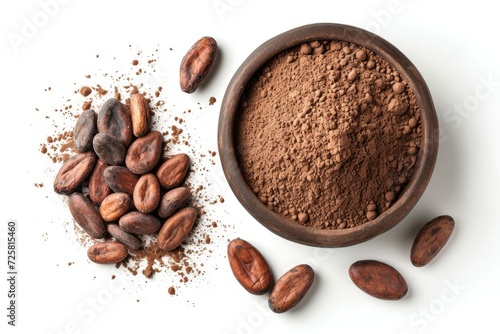 Top view of cocoa beans and powder on a white background