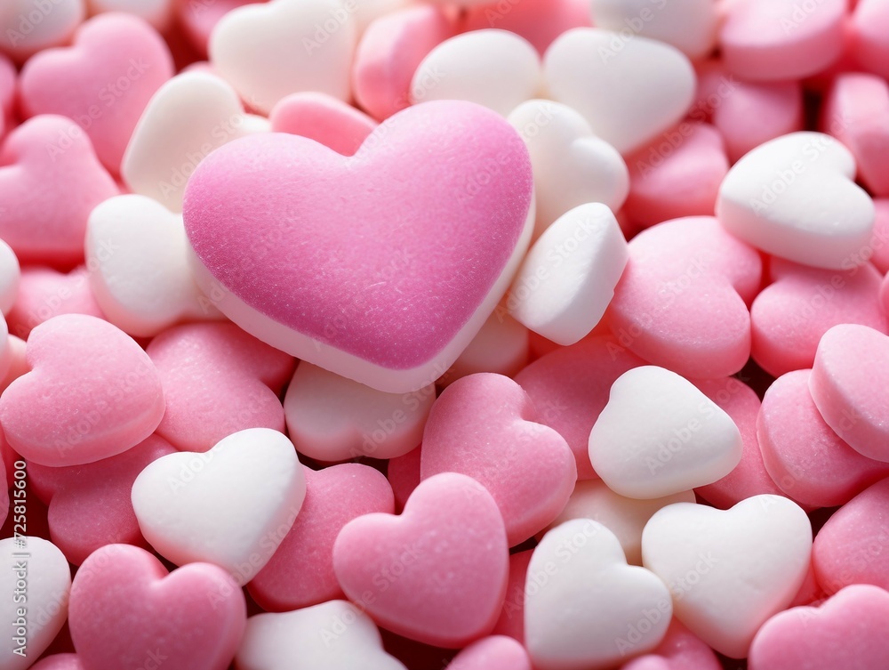Pink and white heart-shaped sugar candies. Valentine's day background.