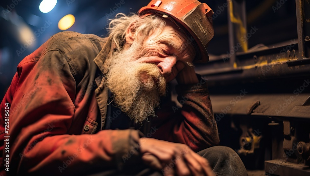 Elderly worker resting in industrial setting Elderly worker resting in industrial setting