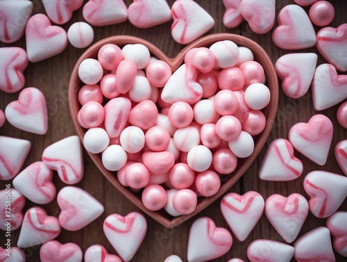 Pink and white heart shaped marshmallow candies on wooden background. © Digital Waves
