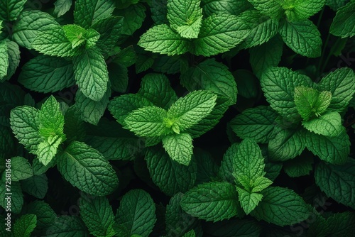 Top view of fresh mint lemon balm and peppermint leaves Natural layout with mint leaf texture spearmint herbs and a nature background photo