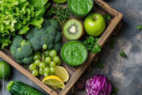 Top view of fresh green and purple juices with fruits greens and veggies in a wooden tray Emphasizes detox diet clean eating vegetarianism veganism fitness and