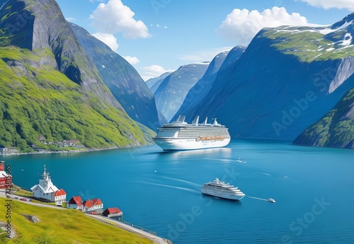 Cruise Ship, Cruise Liners On Geiranger fjord, Norway 