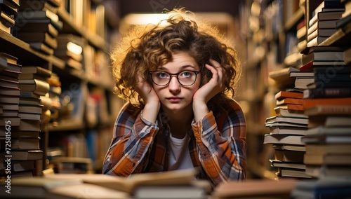 Portrait of a schoolgirl in glasses reading a book in the library