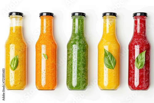 Top view of fruit smoothie bottles with various ingredients on white wooden background promoting the concept of superfoods healthy lifestyle and detox diet