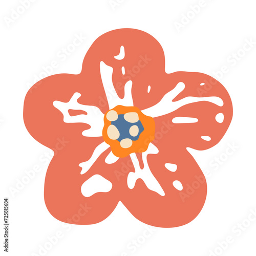 Vector flower illustration. Colorful playful bold flower with painted brush texture isolated on white background. Cute modern romantic floral element for cards, textile, stationery design