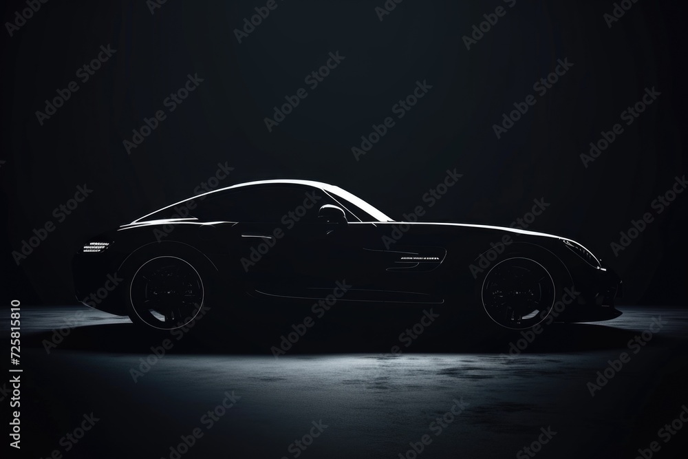 A black sports car parked in a dimly lit room. This image can be used to showcase luxury vehicles or as a backdrop for automotive-related content