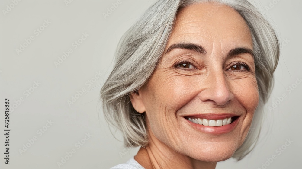 A beautiful portrait of a smiling older Caucasian woman with stylish grey hair and wrinkles, set against a studio backdrop. A beautiful portrait of a smiling older Caucasian woman with stylish grey hair and wrinkles, set against a studio backdrop.
